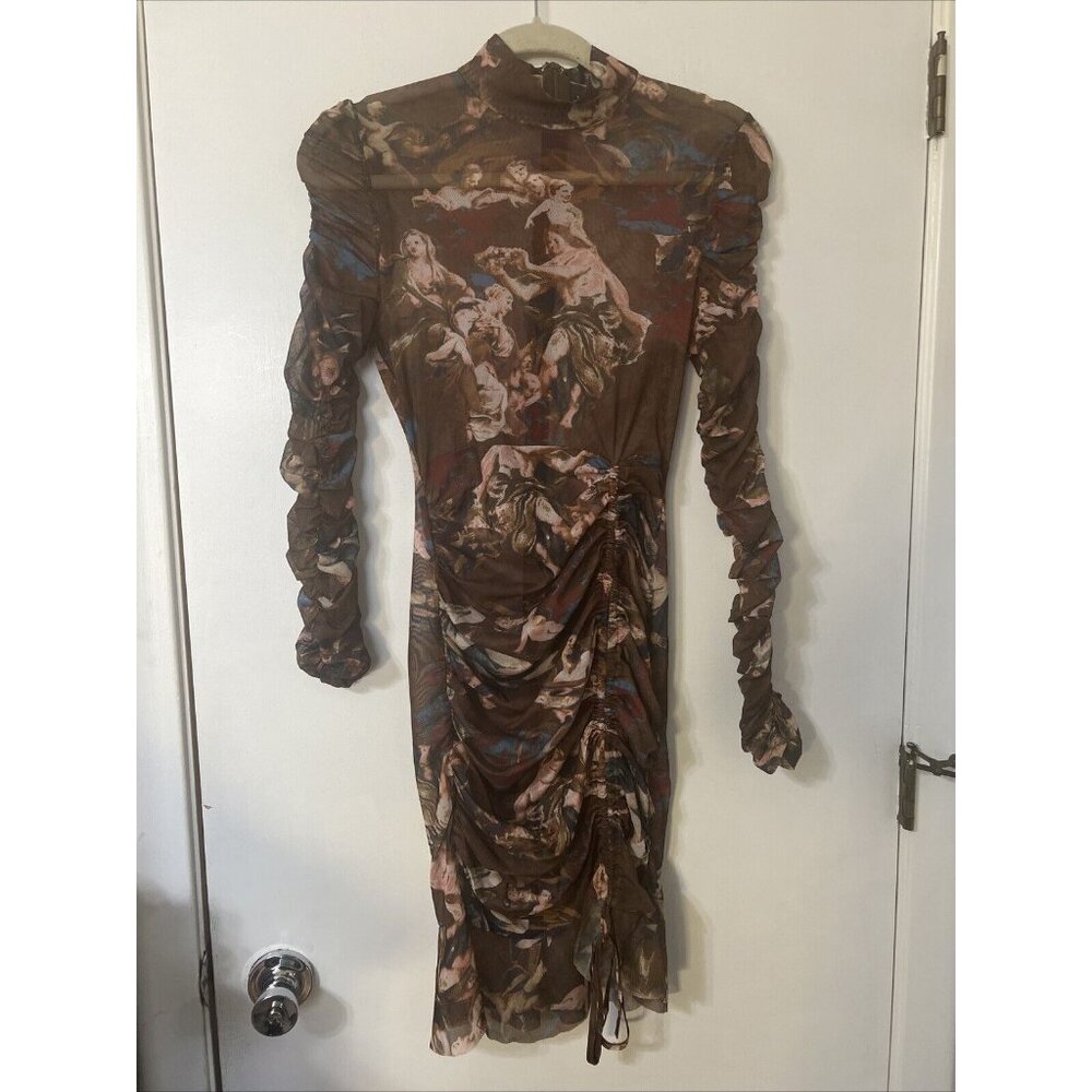 Fashion‎ Nova Brown Long Sleeve Mesh Mock Neck Ruched Dress Womens SZ M